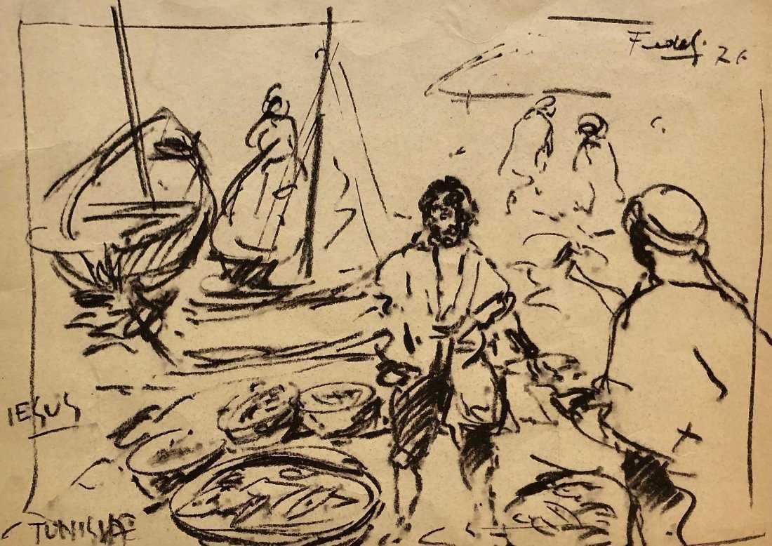 Early 20th Century Signed Tunisia Orientalist Scene: Crayon on paper. Signed and dated 1926. 22 x 16 1/2 in.