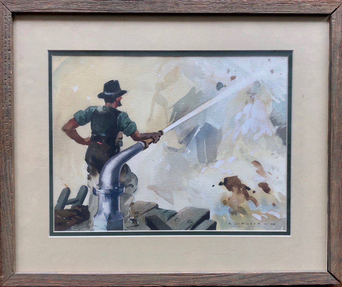 WPA Era Industrial Illustration By AJ WILSON 1940: Watercolor on paper 12 1/2 x 9 1/2 in. (sight), 18 x 15 in. (framed).