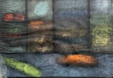 JANINA KRAUPE (b. 1954, Poland) "Four Psalms": Modernist oil on fabric mounted under glass. New York City exhibition tag verso. "Contemporary Art In Poland, 1971". 30 3/4 x 21 3/4 (framed), 27 1/2 x 19 in. (work). The following was written in her