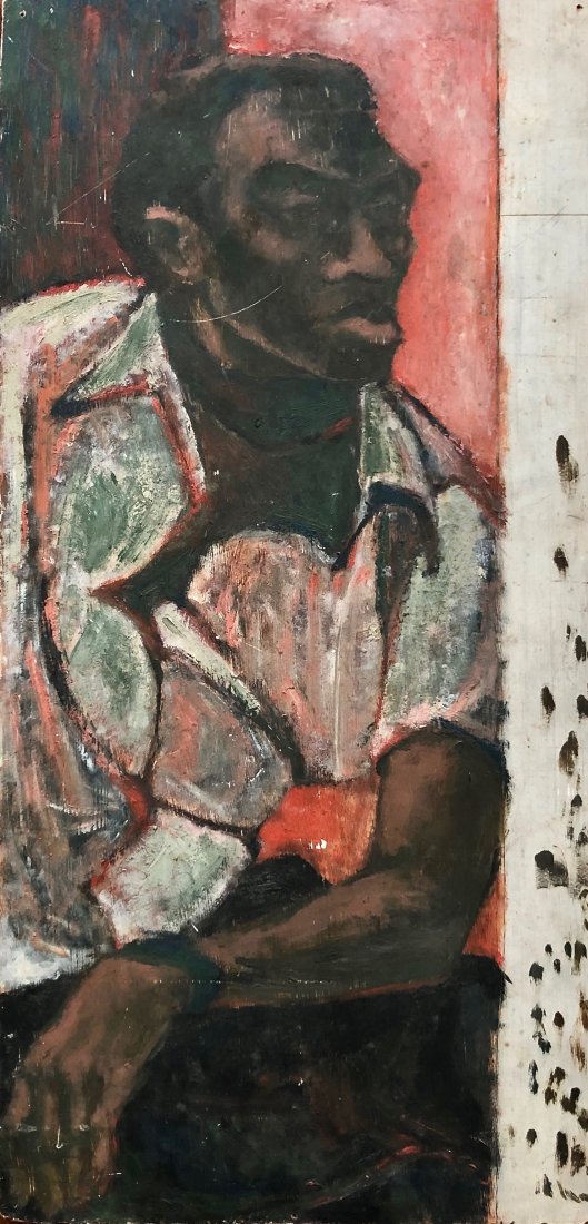 PHYLLIS MURIEL COWAN ARCHIBALD CLAY (1880-1947, UK): African American expressionist portrait. Oil on masonite. 24 x 11 1/2 in. Born in Tunbridge Wells, Kent. She was the daughter of Edmund D. Archibald (born c.1851 in Hampstead) a professor mathematics 