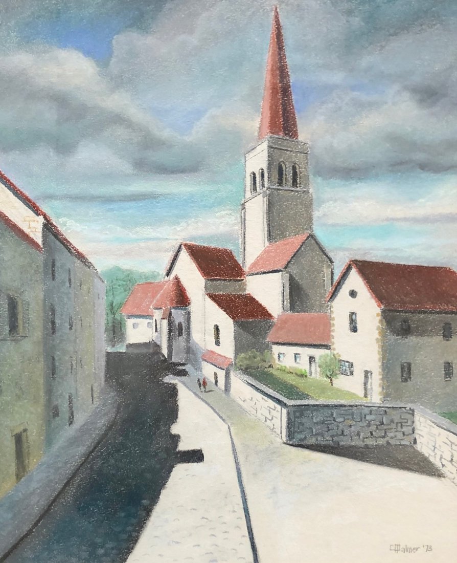 "Village Church In France" Signed C Palmer 1973: Watercolor on paper 22 x 17 1/2 in. (sight), 31 1/4 x 25 1/4 in. (framed)