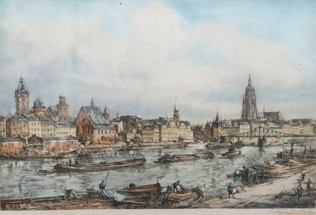 WOLFGANG TRITT (1913-1983, Germany) Frankfurt: Scene of Frankfurt, Germany. Cityscape. Pencil signed. Nicely framed under glass. Frankfurt, Germany gallery tag verso. 17 1/2 x 11 1/2 in. (image), 26 x 20 3/4 in. (framed)