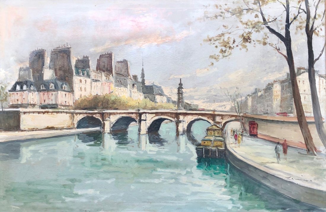 Mid-Century Impressionist Paris Canal Scene Signed: Signed Zanni? Oil on canvas 36 1/4 x 24 1/4 in., 44 1/4 x 32 1/4 in. (framed)