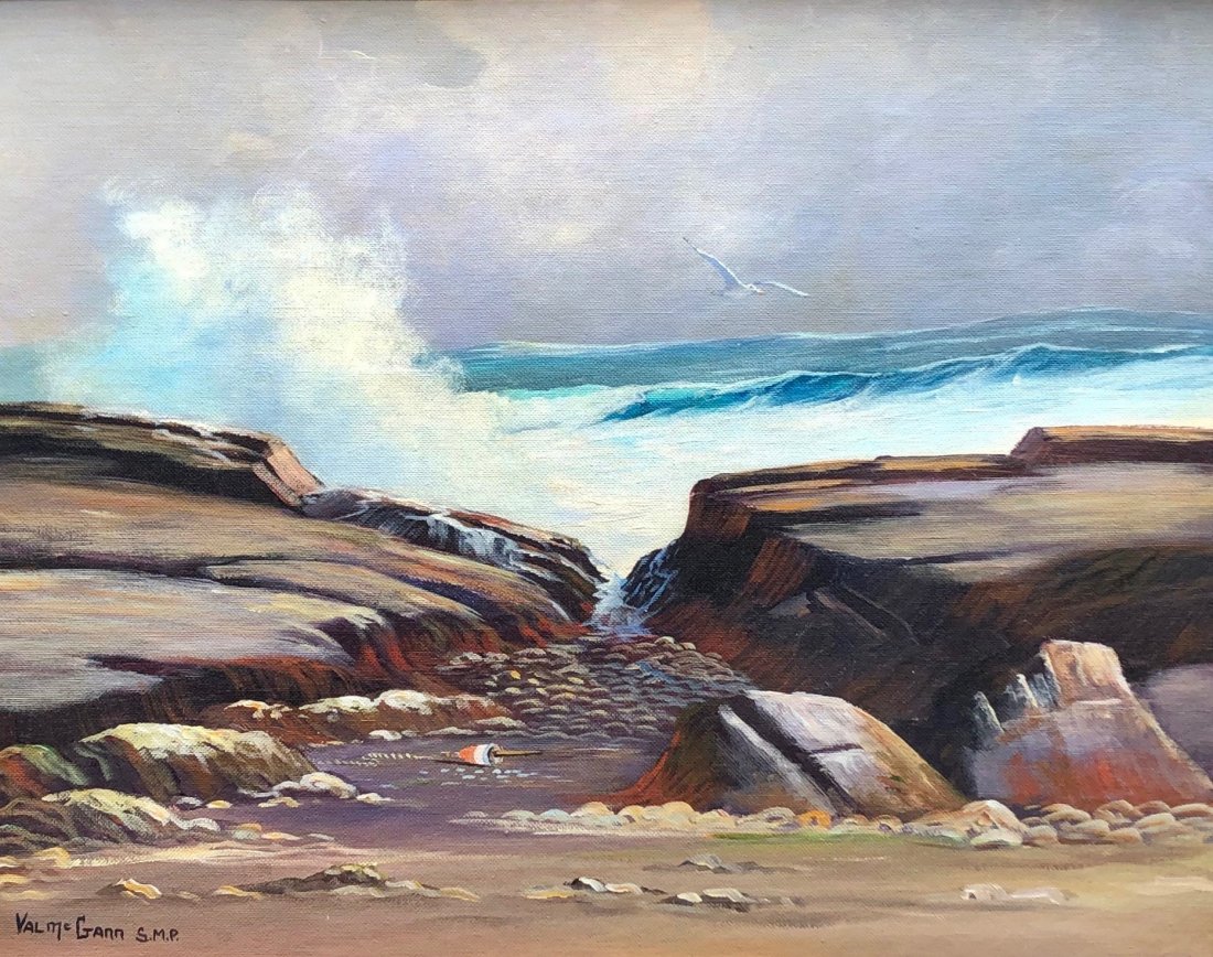 VAL MCGANN (1928-2016, Maine) Coastal Scene: Waves crashing on rocks near the beach. Oil on artist board. 16 x 20 in., 28 1/4 x 24 in. (framed). Val McGann studied at the National College of Art, Dublin; and the Byam Shaw College of Art, London.