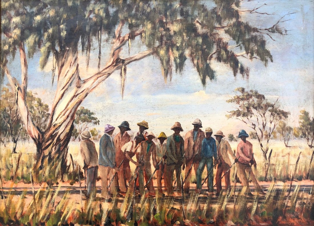 Black Americana Sharecroppers Southern Scene Signed: Oil on masonite 21 x 15 1/2 in., 23 x 17 5/8 in. (framed). Signed illegibly lower right corner. Possibly a plantation scene. From a Queens, NY estate.