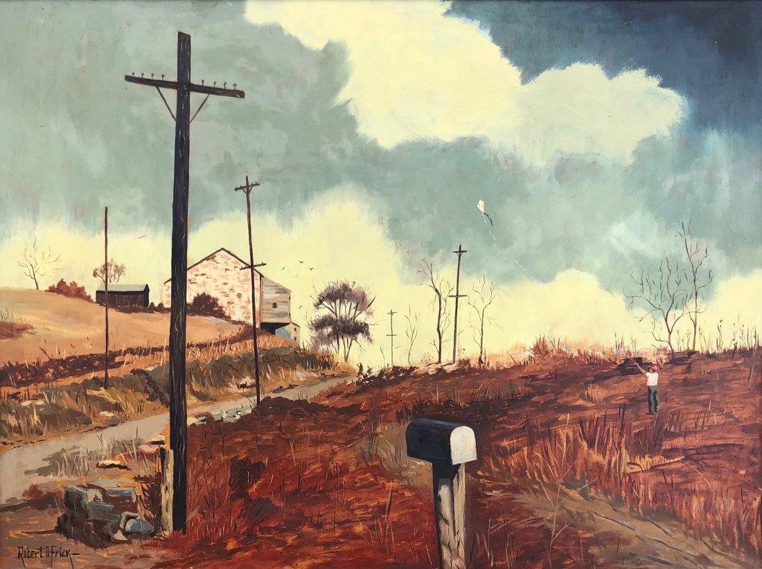 Robert D. Frick (1927-1997, Vermont) Kite Flying: Oil on masonite. 24 x 18 in., 28 1/2 x 22 1/2 in. (framed). Perhaps best known for his rural New England landscapes, Robert Oliver Frick carefully studied and depicted the seacoast of Maine as well. H