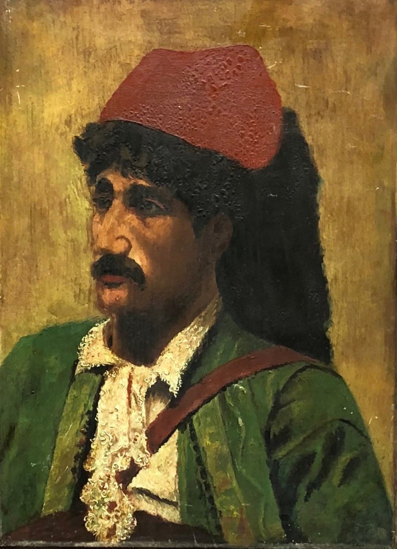 19th Century Orientalist Portrait Of A Gentleman: Unsigned. Oil on wood. 12 1/2 x 9 in.