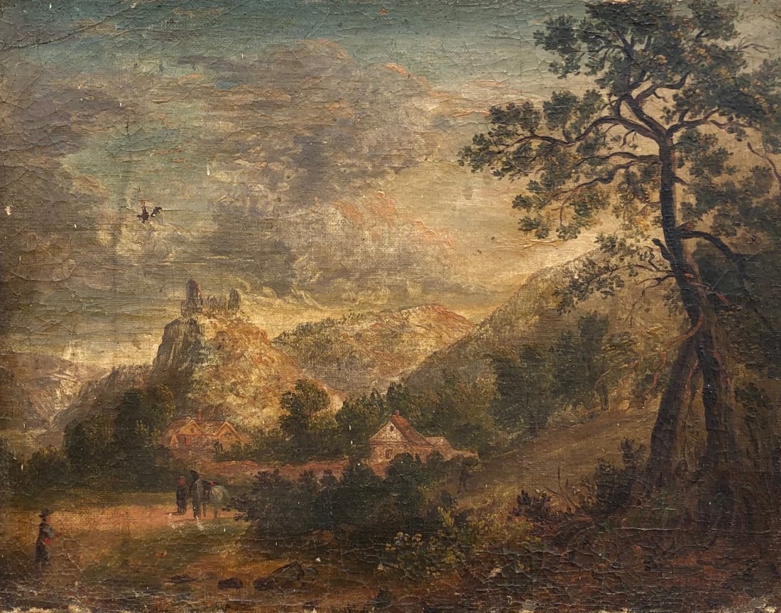 18th Century European Mountain Landscape: Oil on canvas 14 x 11 in. Unsigned