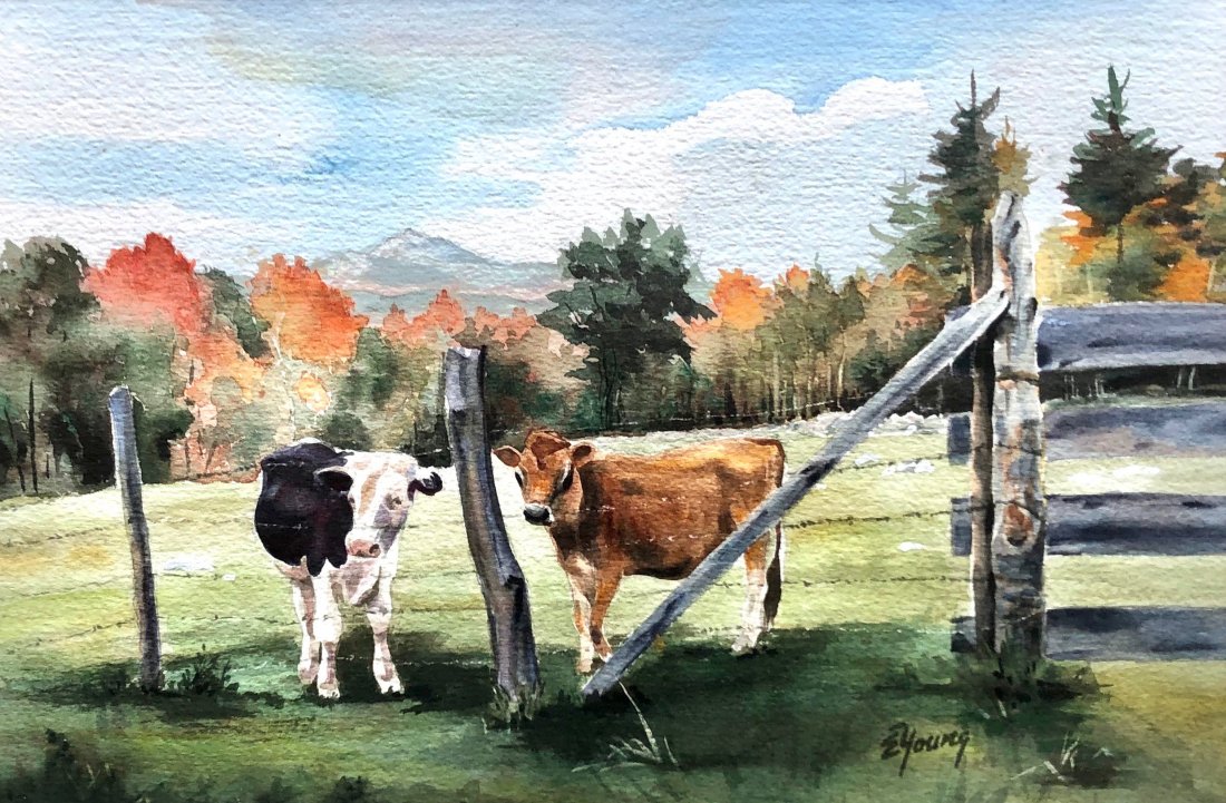 Pastoral Landscape Of Cows Signed E. Young: Watercolor on paper. 13 x 8 3/4 in. (sight), 20 x 16 in. (framed)