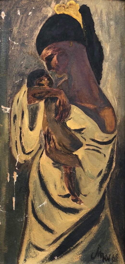 Modernist African Subject Mother & Child Signed Mann: Dated 1968. Oil on board. 24 x 12 in., 26 1/2 x 14 1/2 in. (frame).