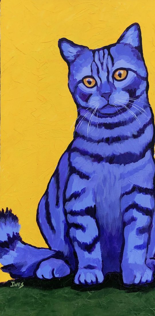 REBECCA IVES (21st c, American) Blue Cat: Oil on canvas 24 x 12 in. North Carolina artist.