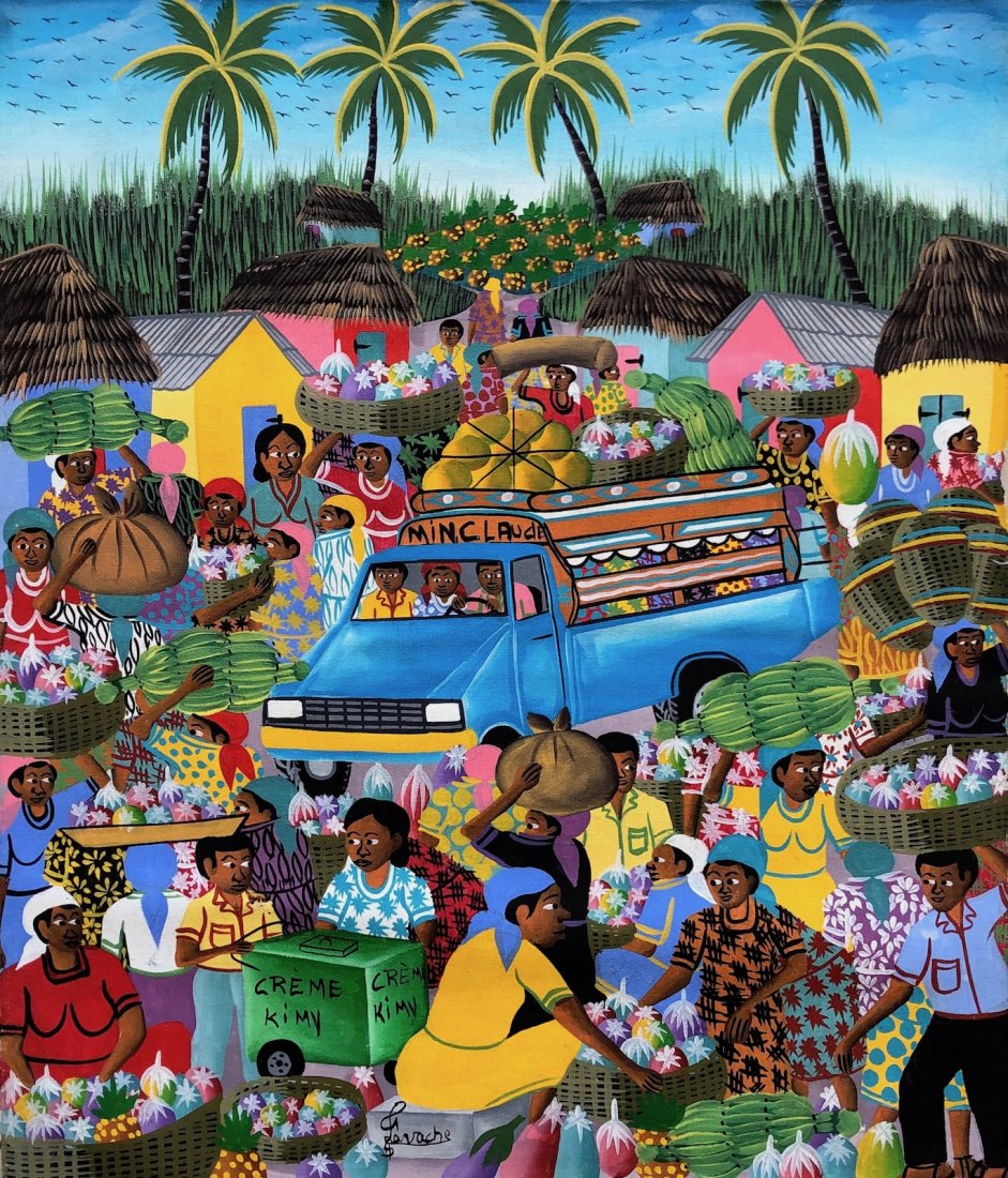 20th Century Haitian Naive Village Scene Signed: Oil on canvas 23 1/2 x 19 3/4 in. Un-stretched canvas