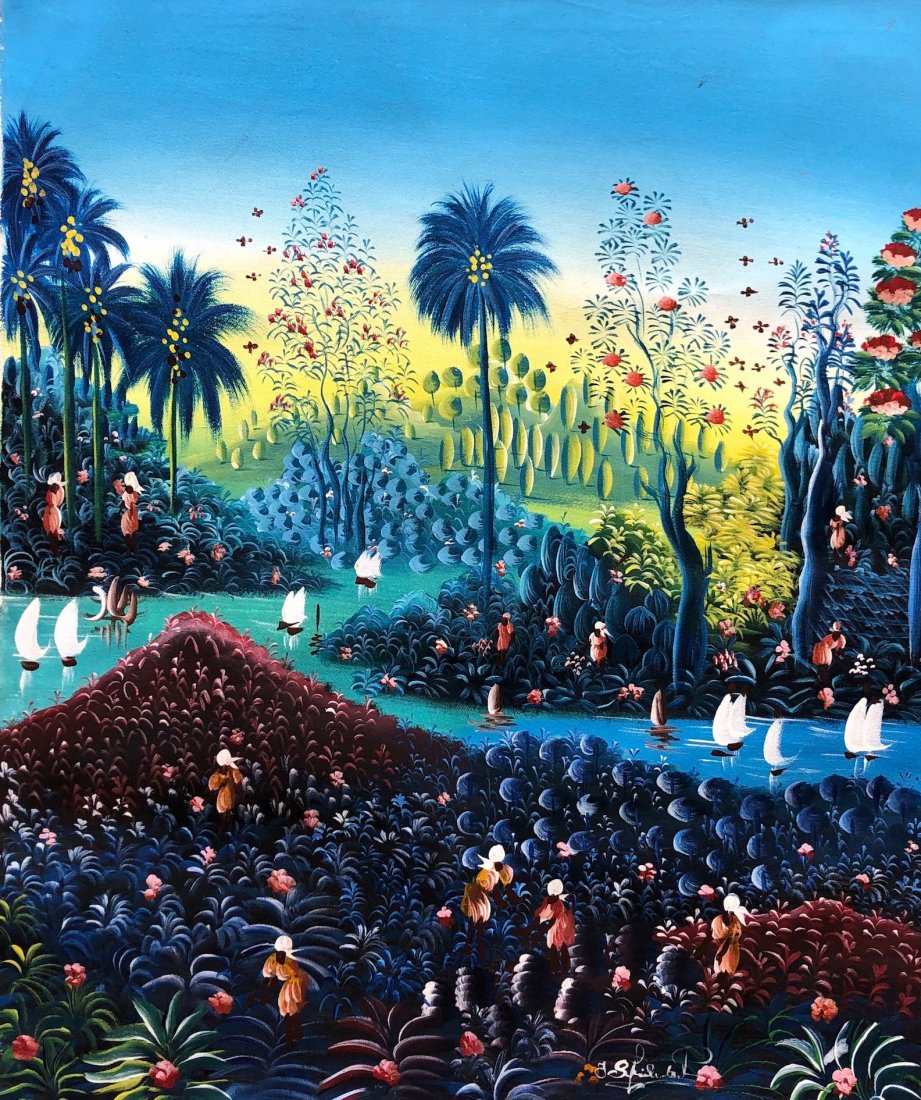 20th Century Haitian Naive Landscape Signed: Unstretched 23 x 19 1/4 in.