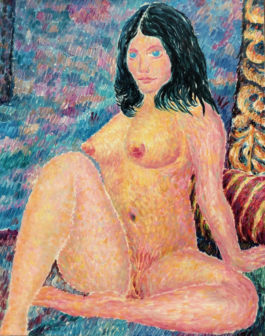 GLEN STUART PEARCE (1909-1986, Pennsylvania) WPA Nude: Oil on canvas. 40 x 32 in. Glenn Stuart Pearce (1909-1986) was a painter for the Pennsylvania WPA* known particularly for his skillfully executed watercolors and pastels of industrial scenes in and ar