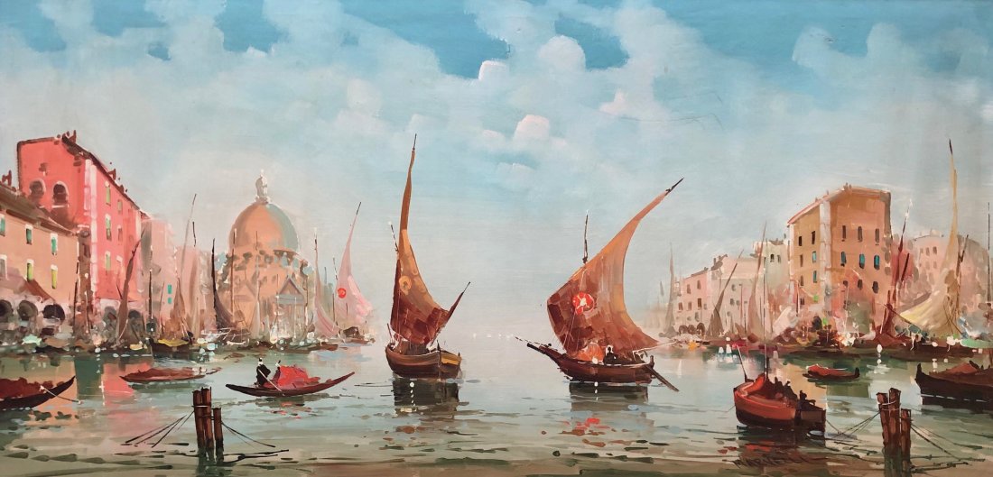 EDOUARD MARVELLI (b. 1906, Italy) Venice Canal Scene: Oil on canvas, 48 x 21 in., 55 x 31 in. (framed)