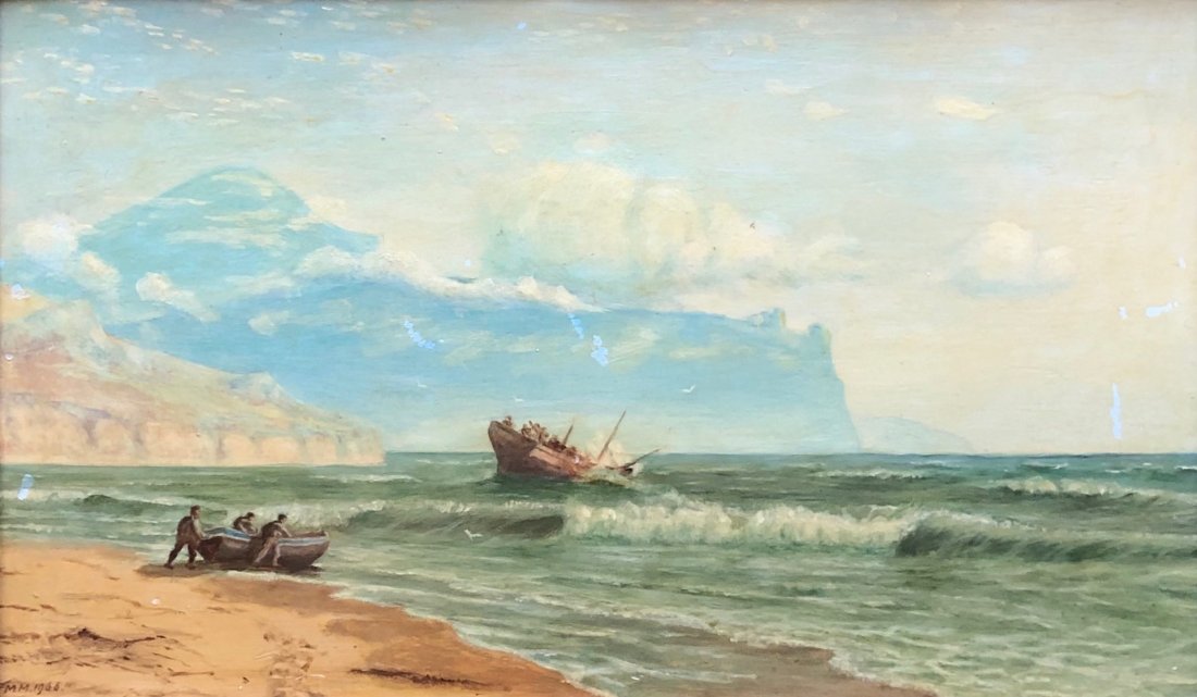 Impressionist European Seascape Signed MM 1966: Oil on board 16 1/2 x 10 in., 19 1/2 x 13 in. (framed)