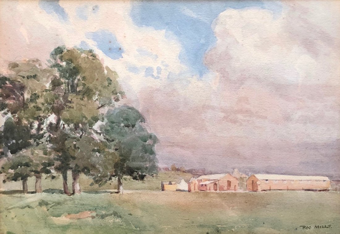 REGINALD MILLS (20th c, UK) Impressionist Landscape: Farm landscape. Watercolor on paper. 10 1/2 x 7 1/2 in. (sight), 16 1/4 x 13 1/4 in. (framed)