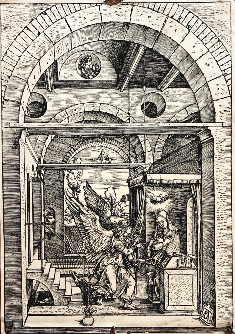 ALBRECHT DURER ca. 1503 Old Master Woodcut: Albrecht Dürer (German, Nuremberg 1471–1528 Nuremberg).The Annunciation, from The Life of the Virgin. 11 3/4 x 8 in. (image). From askart.com: Albrecht Durer was born in Nuremberg, Germany on May 2