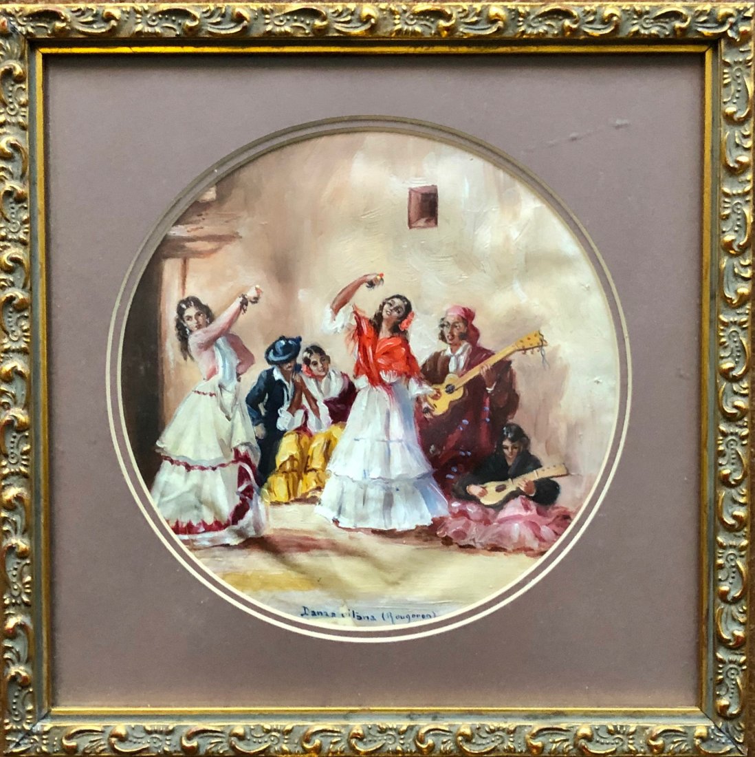 Impressionist Spanish Musician'Scene Signed Rougeron: We are not sure if it is Jules or Marcel Rougeron. Looks like oil on paper. Not examined outside of frame. 6 1/2 in. (diameter). 10 x 10 in. (framed)
