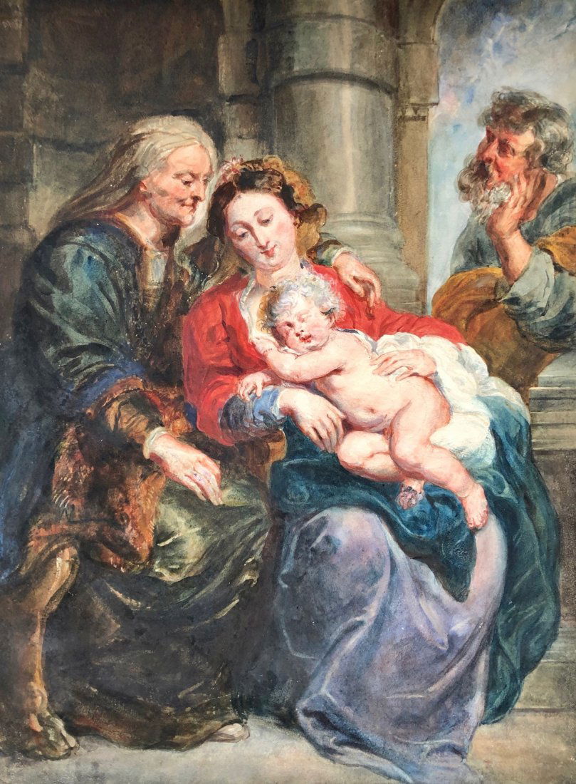 Early Watercolor Mother & Child Neoclassical Scene (1 of 2)