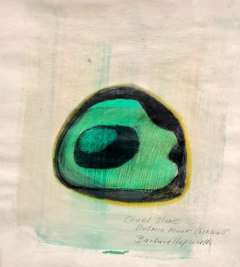 BARBARA HEPWORTH (1903-1975, UK) Cruel Stone: Modernist abstract. Crayon on paper. Badmin Moor Cornwall 12 1/4 x 11 in. Barbara Hepworth, also known as Dame Barbara Hepworth, was one of the most prominent early 20th-Century British sculptors. She