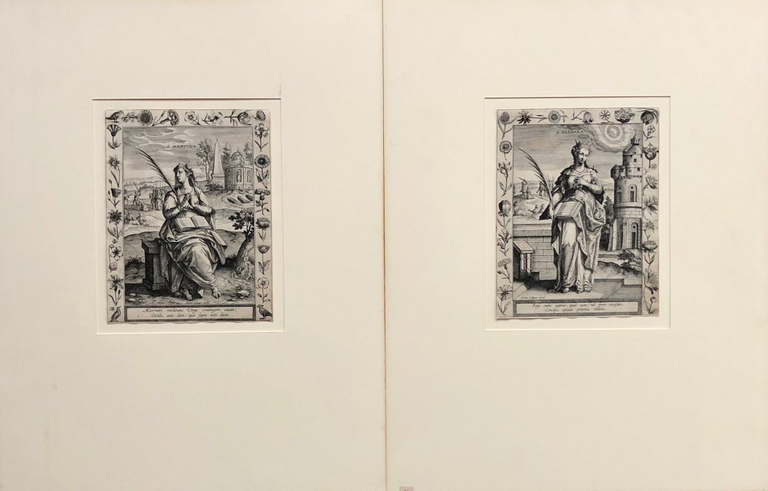 ADRIAN COLLAERT (1560-1618, Flemish) Eggravings: Pair of engravings with COA from Associated American Artists, NYC. 7 1/2 x 6 in. (image). St. Barbara and St. Martina.
