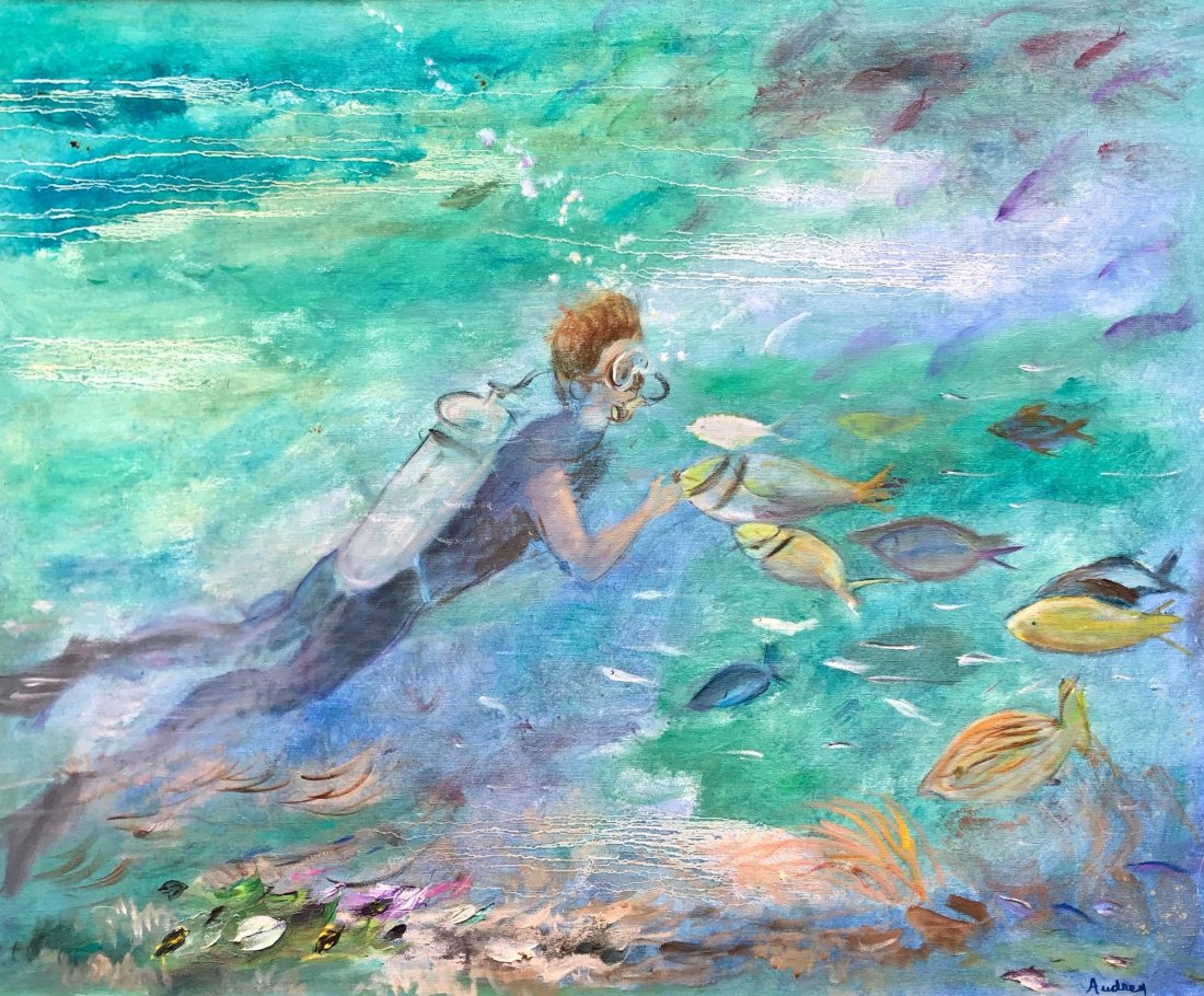 Modernist Painting Of A Scuba Diver Signed Audrey: Oil on canvas 36 1/2 x 31 in.