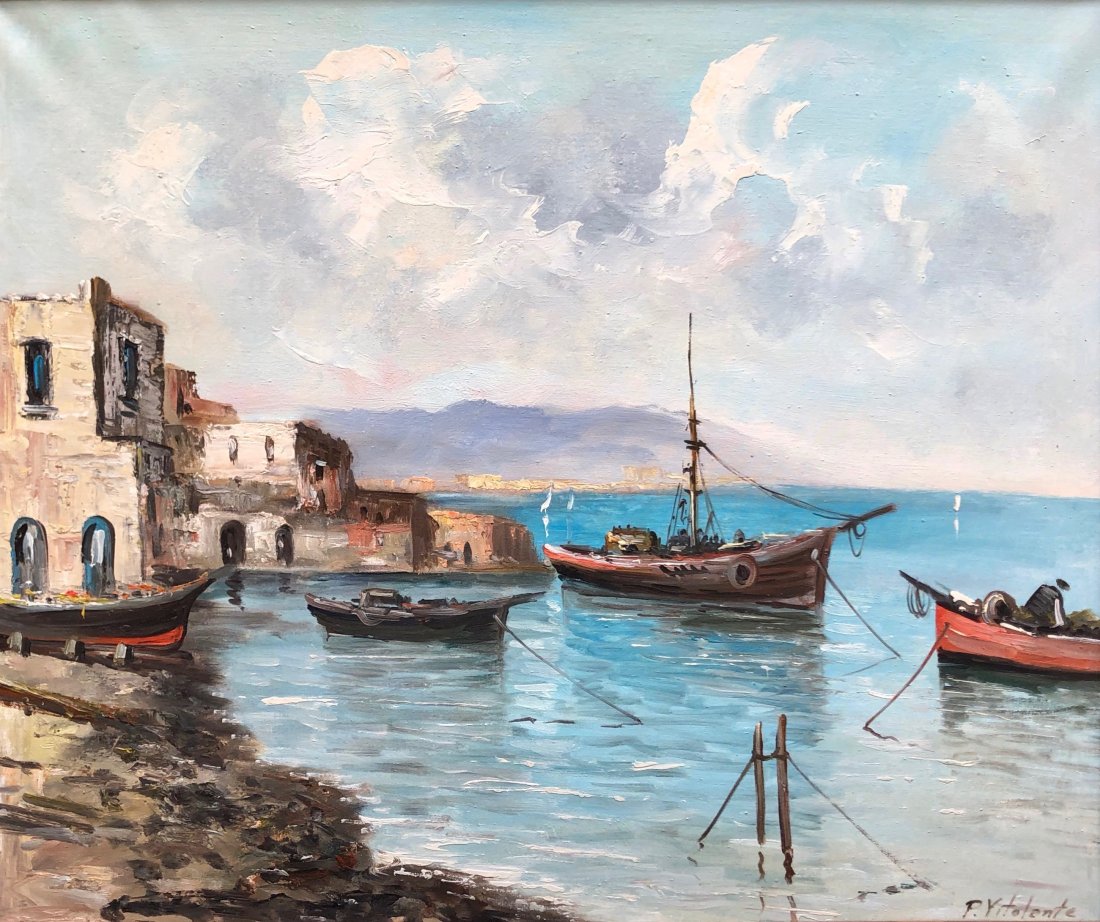 Mid-Century Impressionist Italian Seascape w/ Boats: Oil on canvas 24 x 20 in., 32 1/2 x 29 in. (framed). Signed P. Votolente?