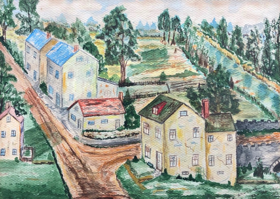 BEN HOLDEN (WPA, American) "Grubbtown", PA 1937: Watercolor on paper 14 1/2 x 10 1.2 in. (sight), 19 1/2 x 15 1/2 in. (framed)