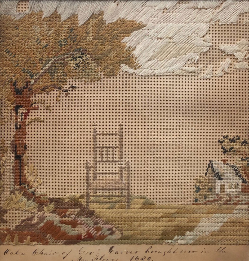 18th Century Needwork Gov. Carvers Mayflower Chair: Possibly earlier, hard to out an exact date on it. "Oaken Chair Of Governor Carver Taken Over In The Mayflower 1620". John Carver was one of the Pilgrims who braved the Mayflower voyage in 1620 which