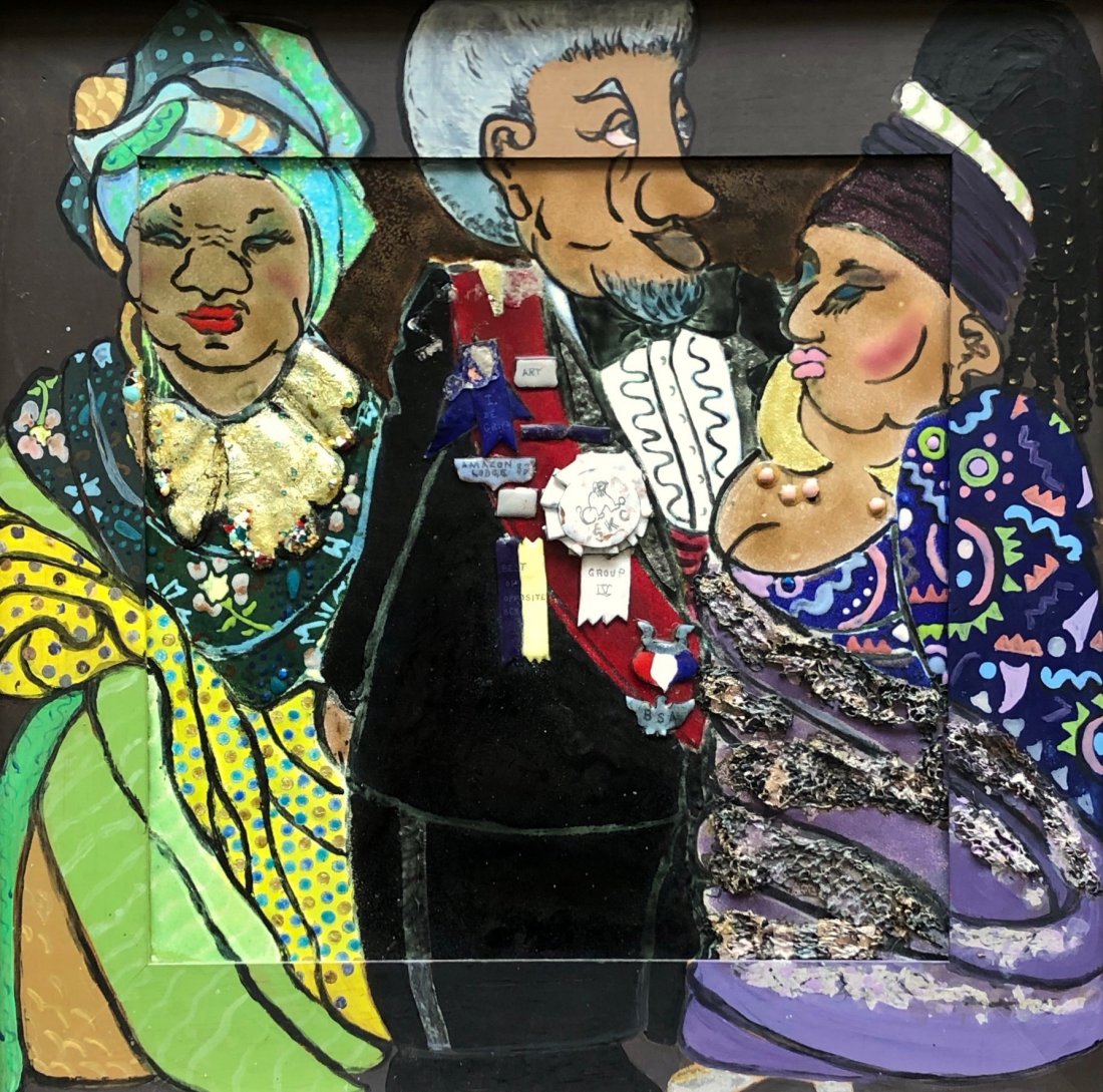 DORENE ZALIS (20th c,Enamelist, Washington DC) Figures: Enamel on metal, possibly copper. 22 x 20 in. (framed). The following was taken from her obituary: Dorene Willis Zalis, 55, who was an artist and a breeder of champion dogs, died of cancer June 29 at 