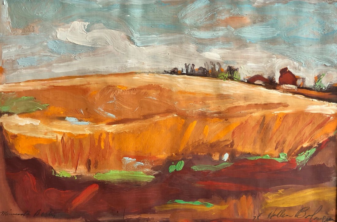 "Minnesota Barley" Impressionist Landscape Illeg Sig: Acrylic of oil on paper 17 1/2 x 11 1/2 in. (sight), 25 x 19 in. (framed). Dated 1978