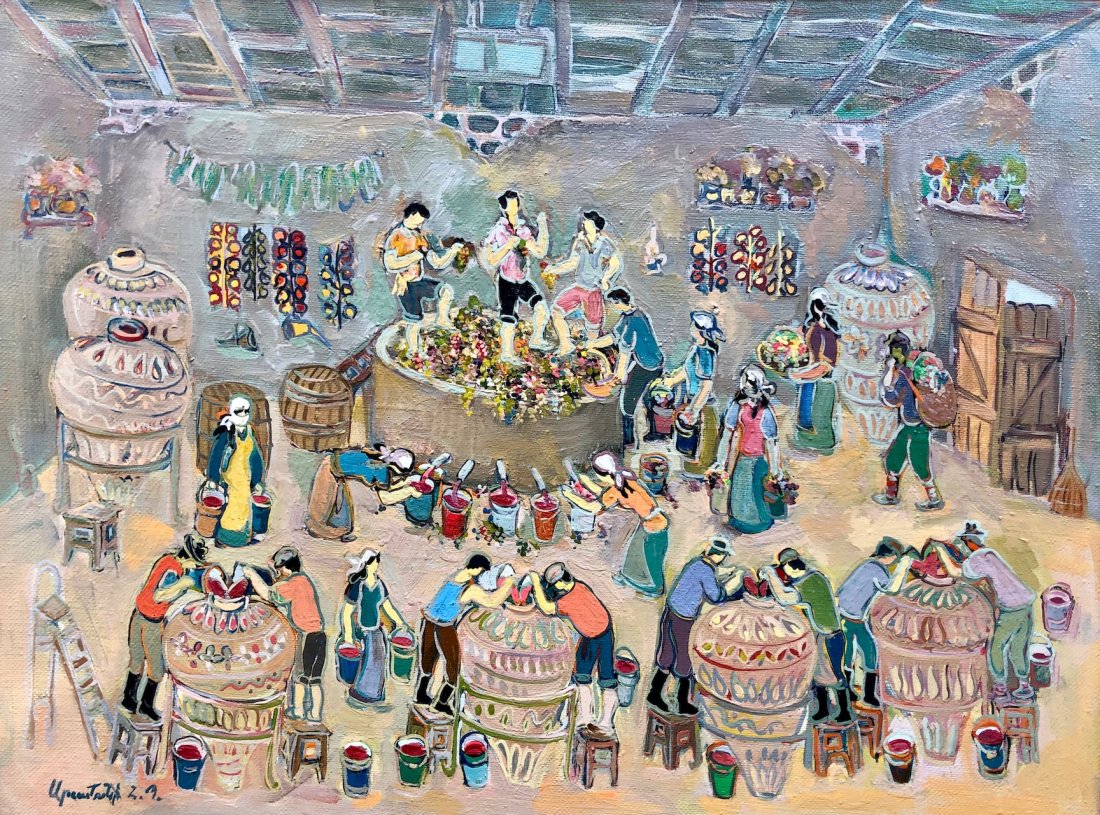 Modernist Eastern European Village Scene Illegible Sig: Naive village scene. Looks Eastern European, possible Russian, Ukrainian, or Georgian. Signed lower left. Oil on canvas 27 1/2 x 21 in. (canvas), 29 x 22 in. (framed). From a Maryland estate.