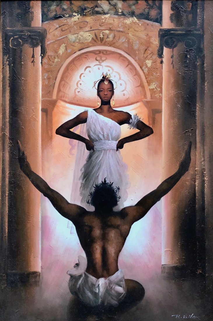 1970's Egyptian Modern Symbolist Painting Signed: Signed R. Wilcox. Oil on canvas36 x 24 in., 44 x32 in. (framed)