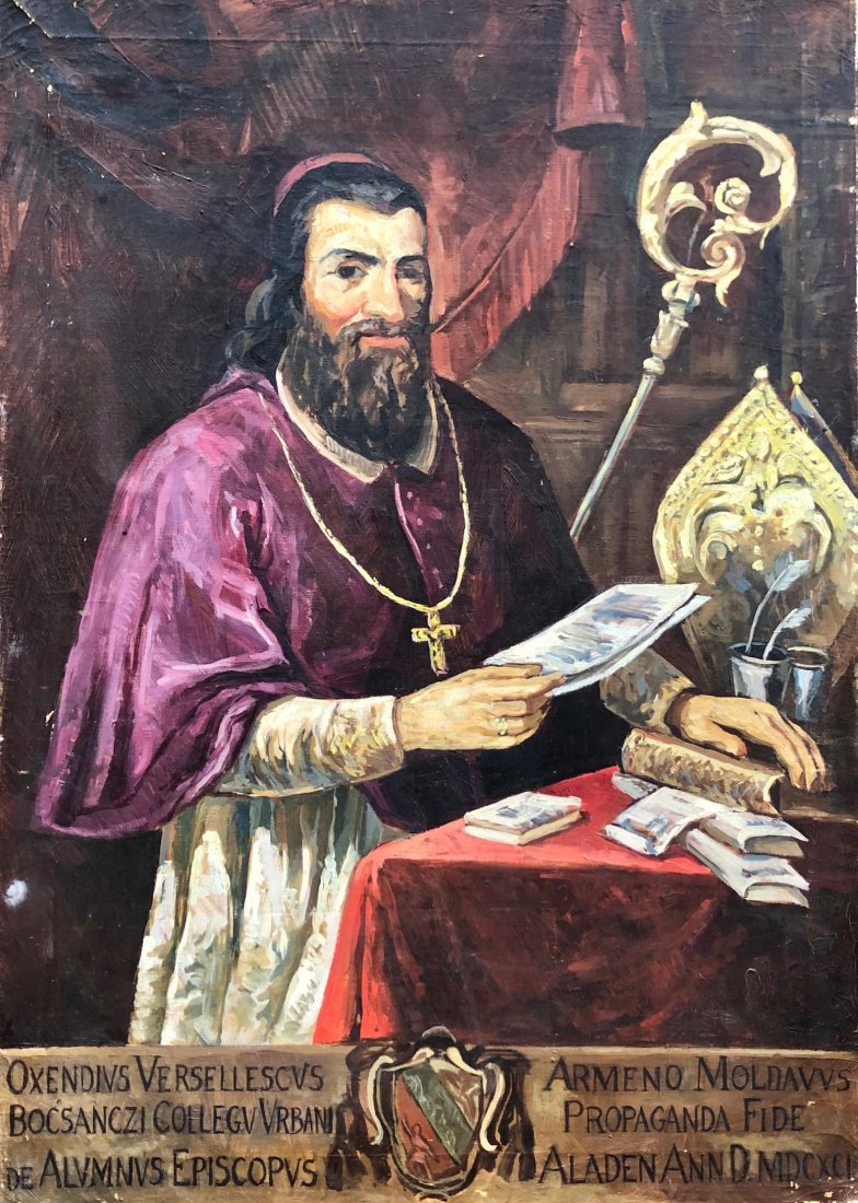Portrait Of Oxendius Vărzărescu, First: Oil on canvas 34 x 24 in. Looks early-mid century. Oxendius Vărzărescu was the first bishop of the Armenian Catholic Church of Gherla.