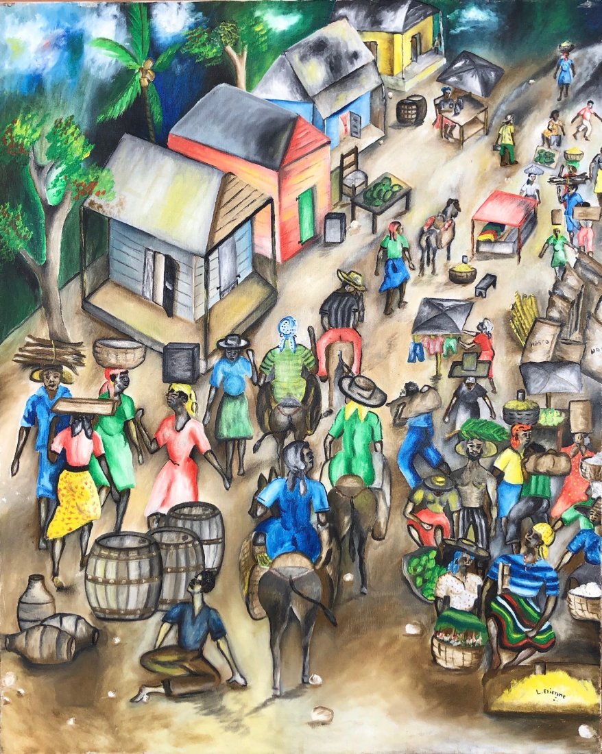 Modernist Naive Haitian Village Scene Signed L. ETIENNE: Oil on canvas 30 x 24 in.