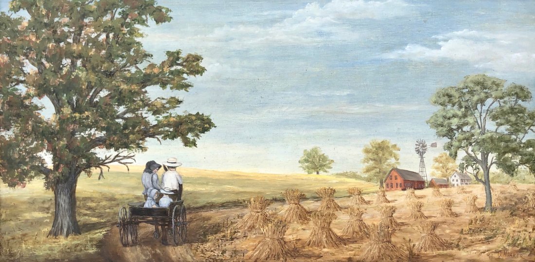 20th Century American Amish Family Farm Scene Signed: Oil on masonite. SIgned N. Oaker. 30 x 15 in., 36 x 21 in. (framed)