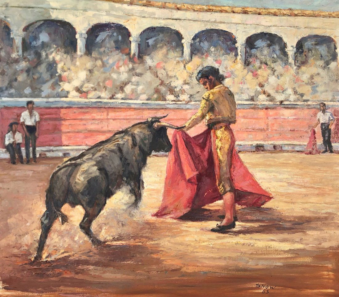 Spanish Matador Bull Fighting Scene Signed Snow 1963 (1 of 6)