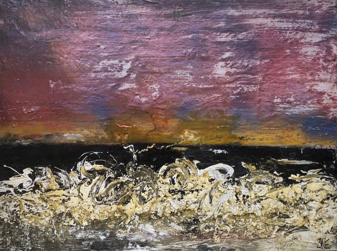 RICHARD GORDON ZYNE (20th c, Maryland) Abstract: Oil on wood 32 x 24 in. The following is a biography taken from the artists website at richardgordonzyne.com: The art and images of Richard Gordon Zyne have been on display in galleries and solo shows