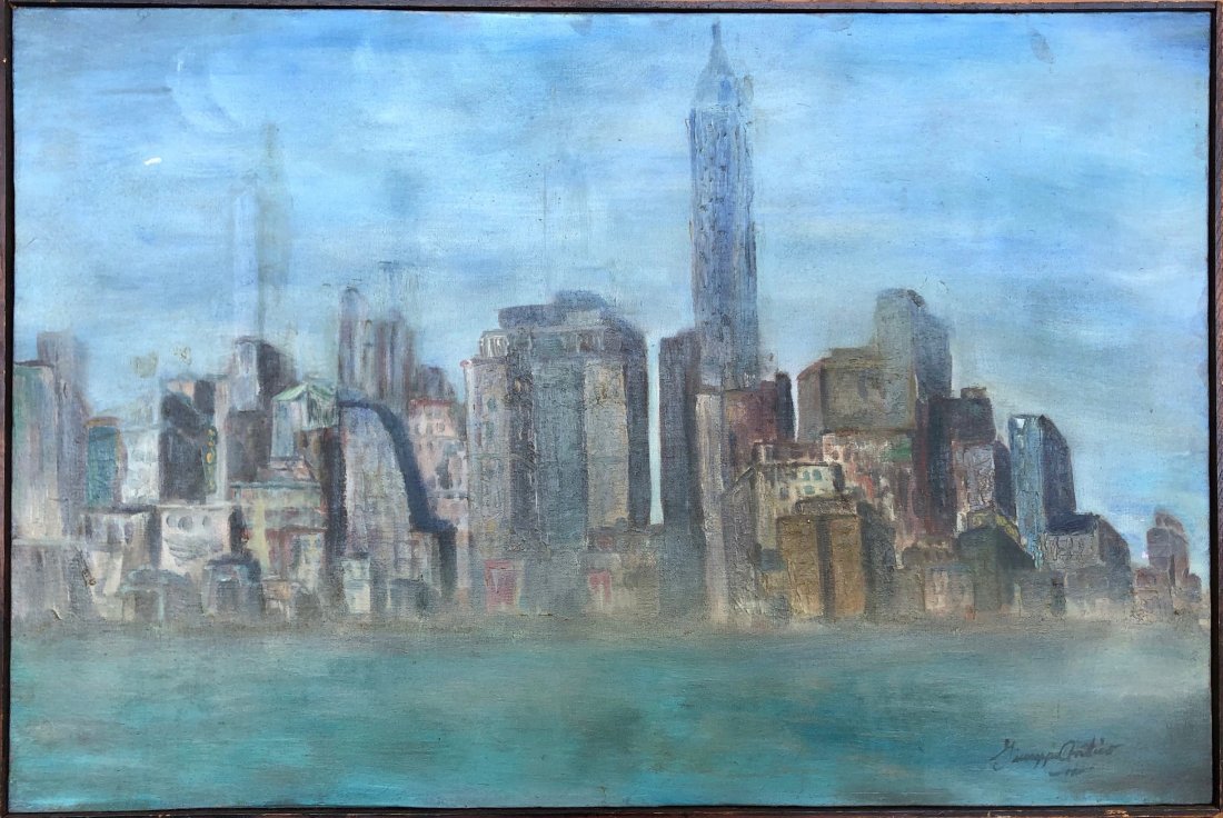 Mid-Century Modern Cityscape Illegible Signature: Giuseppe ? Oil on canvas 36 x 24 in.