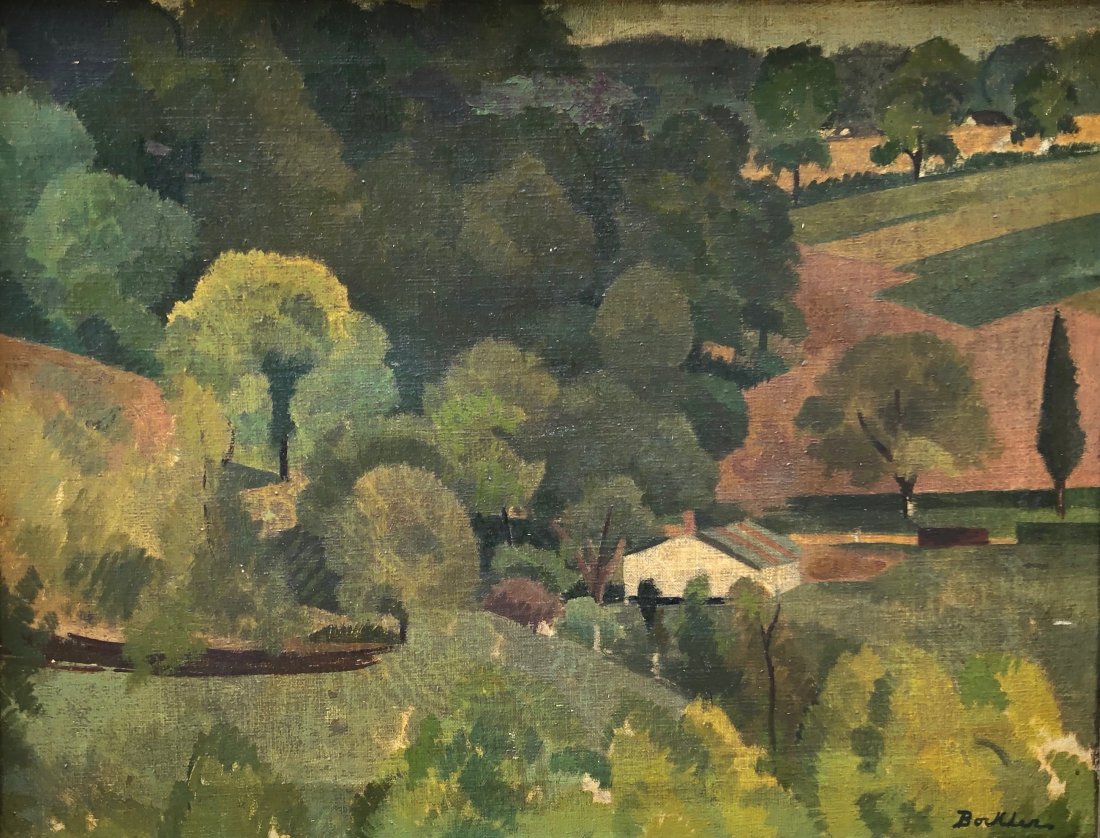 Early 20th Century WPA Rural Landscape Signed: Possibly Bochler or Bockler. Looks WPA era, possibly earlier. Oil on canvas 26 x 20 in., 31 x 24 in. (framed)