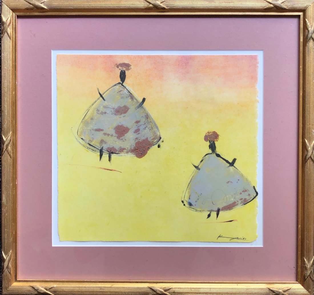 Contemporary Naive Figures Illegible Signature: Mixed media on paper 11 x 10 in., 16 x 16 1/2 in. (framed)