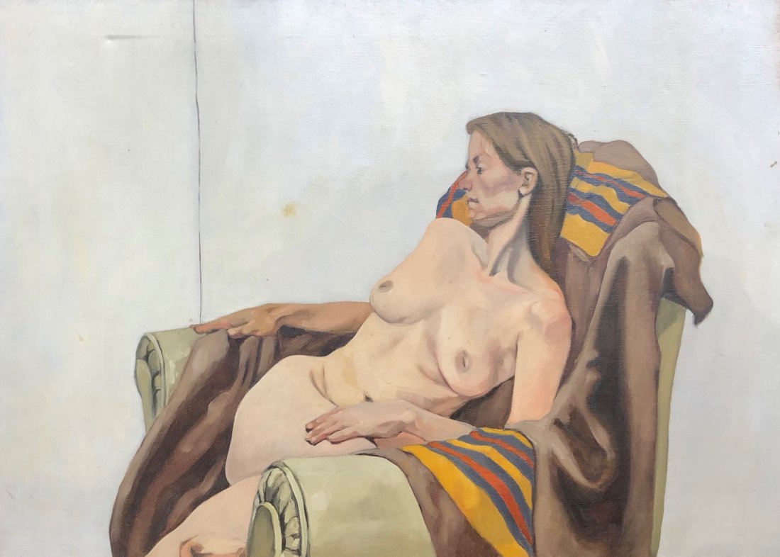 Mid-Century Reclining Nude Signed & Dated 1974: Oil on canvas. Ellen Hanell? 32 x23 in.