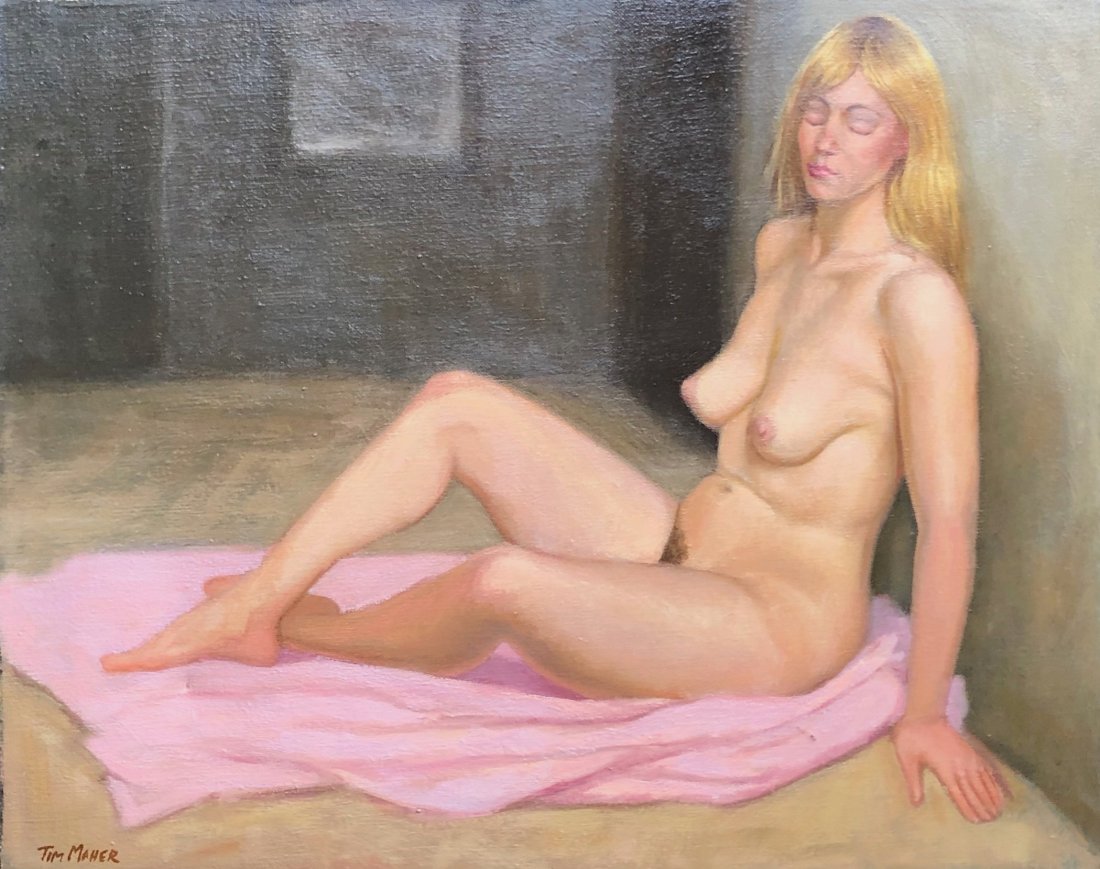 TIM MAHER (20th c, American) Reclining Nude: Oil on canvas 20 x 16 in