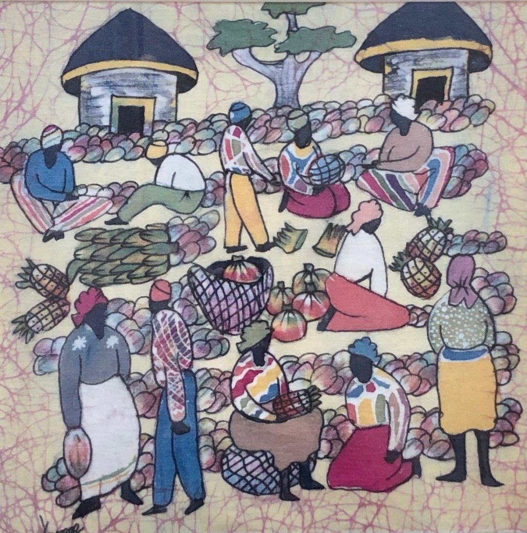 Modern Naive Costa Rican Village Scene Signed: Unknown artist. 14 1/2 x 14 1/2 in. (sight), 22 x 22 in. (framed). Oil on fabric