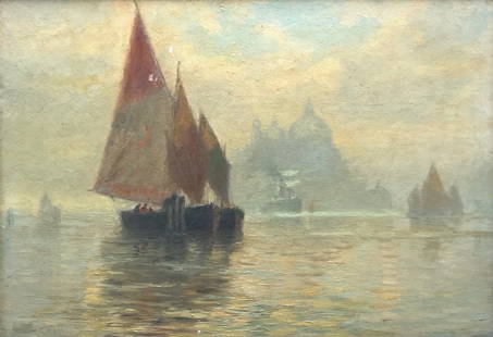 EVELYN BICKNELL (1857-1936, NY, Bermuda) Seascape: "Colored Sails In Harbor". Impressionist. Oil on board 17 x 12 in., 21 1/2 x 18 1/2 in. (framed). The following is from askart.com: The following information is from Bob Mueller, Chairman, Curators Co