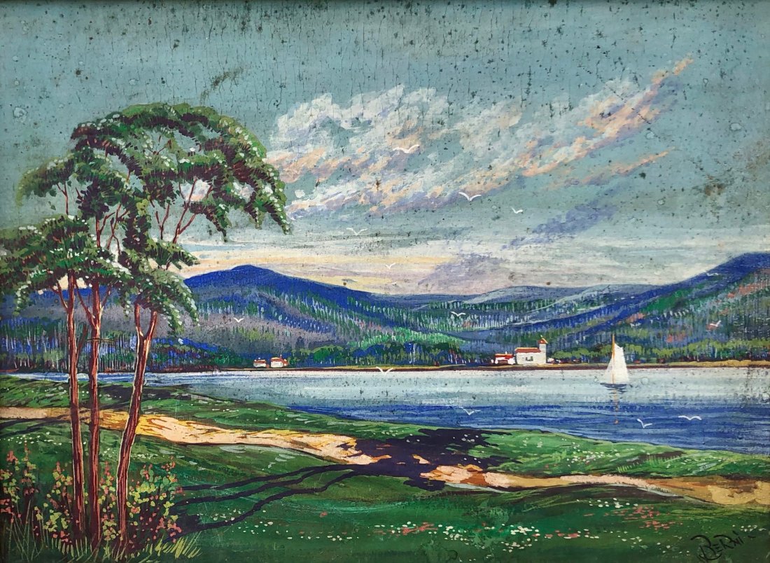 ANTONIO BERNI (1905-1981, Argentina) Landscape: Tempura on cardboard 19 x 14 in., 22 1/2 x 17 1/2 in. (framed). Antonio Berni, Argentine artist known for his socially committed art.Berni had his first exhibition when still a teenager and received a