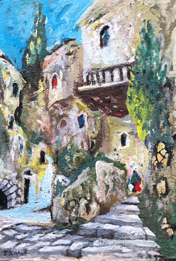 LEO KAHN (1894-1993, Israel) Street Scene: Oil on board 19 1/2 x 13 1/2 in.