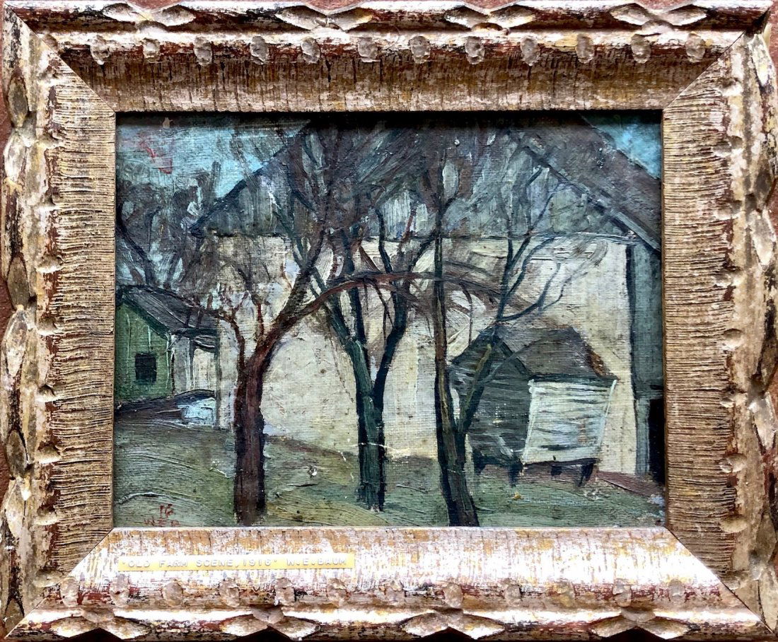 WALTER EMERSON BAUM (1884-1956, PA) Impressionist: Oil on board. "Old Farm Scene 1916". Provenance on back. 10 x 8 in., 13 x 10 1/2 in. (framed). Walter Emerson Baum, well known as the critic for the "Philadelphia Bulletin" and for his landscape work,