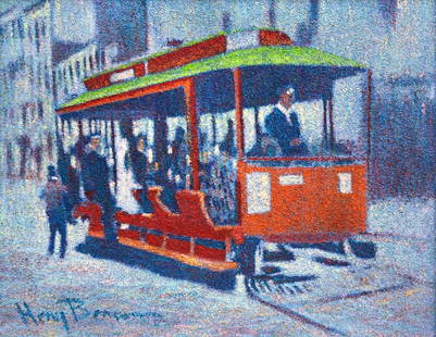 HARRY BENSON (20th c, American) San Francisco Scene: Oil on canvas 36 x 28 in. Great trolley scene with bold colors. We have another one of his paintings in the sale (lot #80).